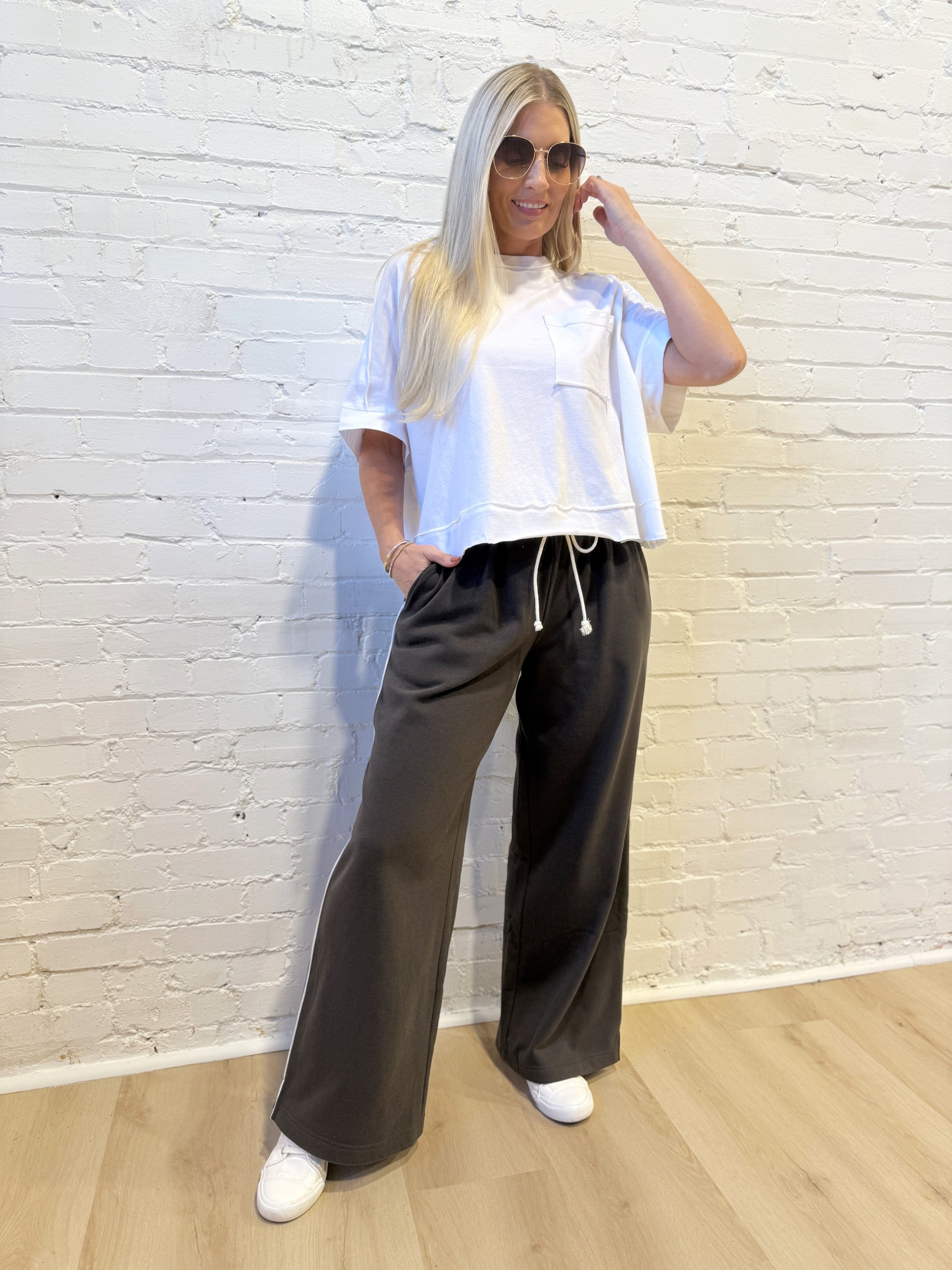 JOA Bottoms - Pants Fold Over Wide Leg Sweats In Charcoal