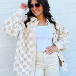 JOA Outerwear - Jackets & Coats Checkered Shearling Shacket In Cream