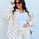 JOA Outerwear - Jackets & Coats Checkered Shearling Shacket In Cream