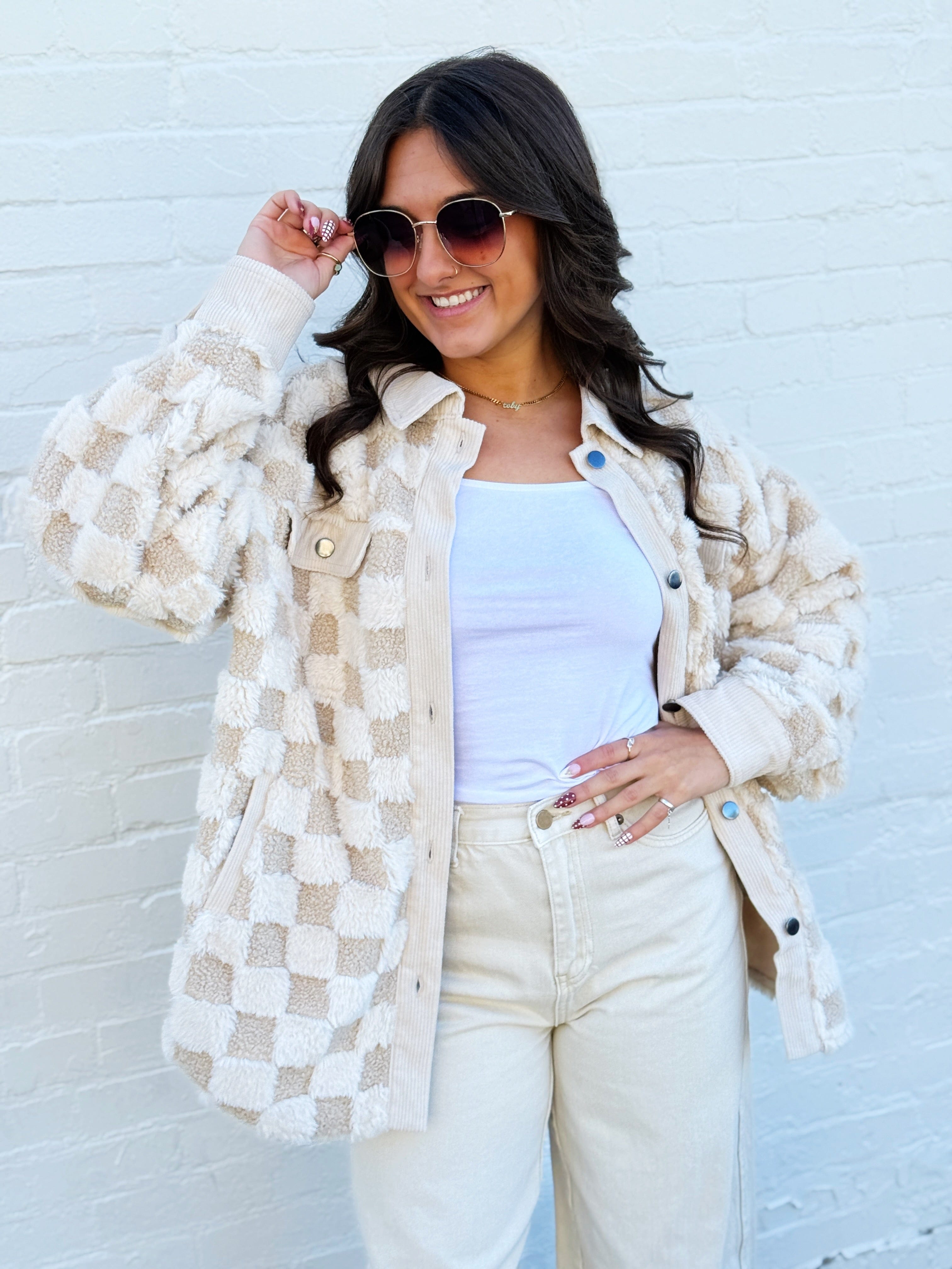 JOA Outerwear - Jackets & Coats Checkered Shearling Shacket In Cream