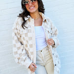 JOA Outerwear - Jackets & Coats Checkered Shearling Shacket In Cream