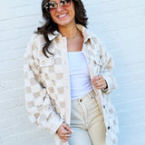 JOA Outerwear - Jackets & Coats Checkered Shearling Shacket In Cream