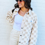 JOA Outerwear - Jackets & Coats Checkered Shearling Shacket In Cream