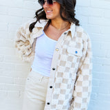 JOA Outerwear - Jackets & Coats Checkered Shearling Shacket In Cream