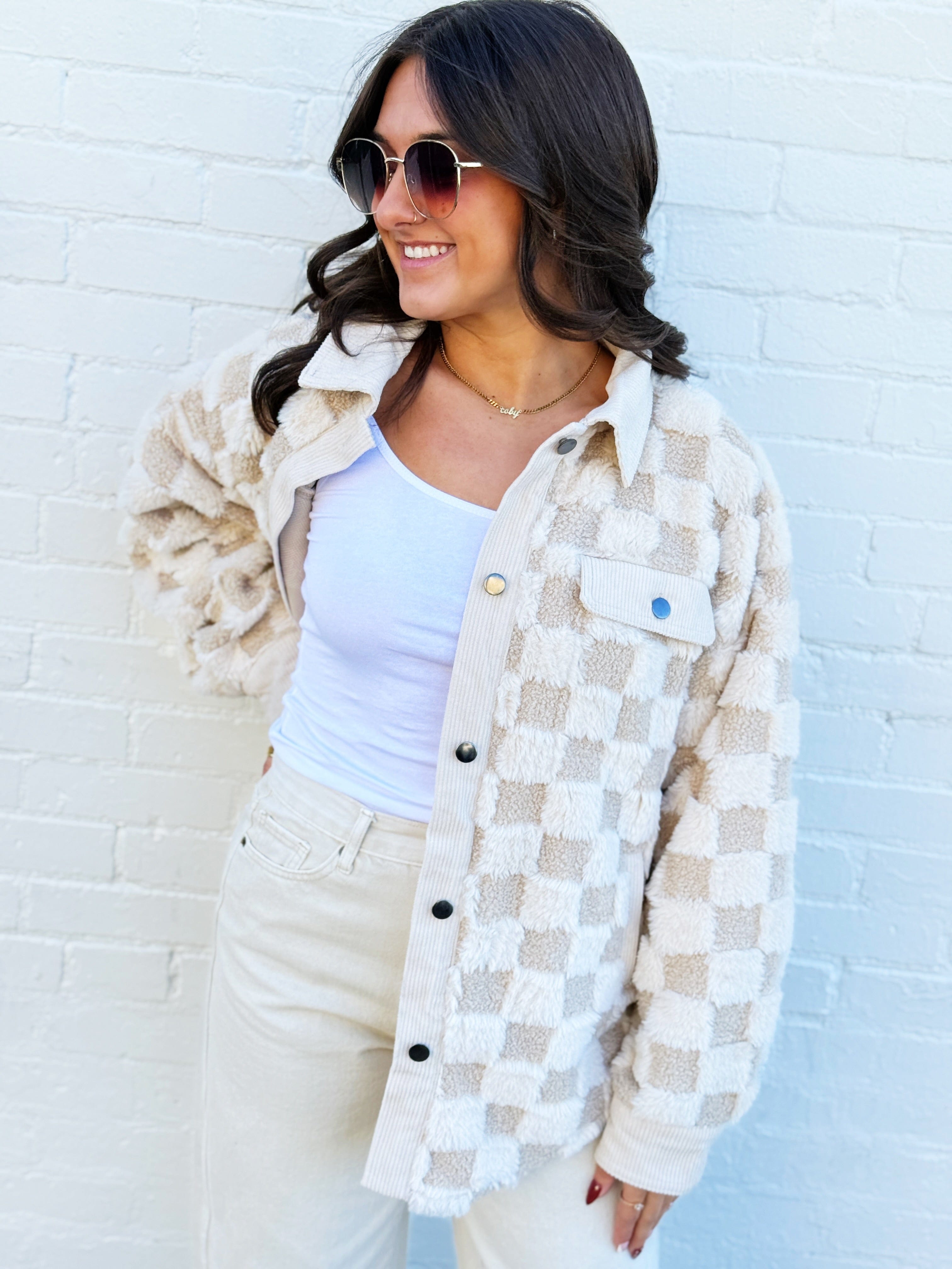 JOA Outerwear - Jackets & Coats Checkered Shearling Shacket In Cream