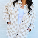 JOA Outerwear - Jackets & Coats Checkered Shearling Shacket In Cream