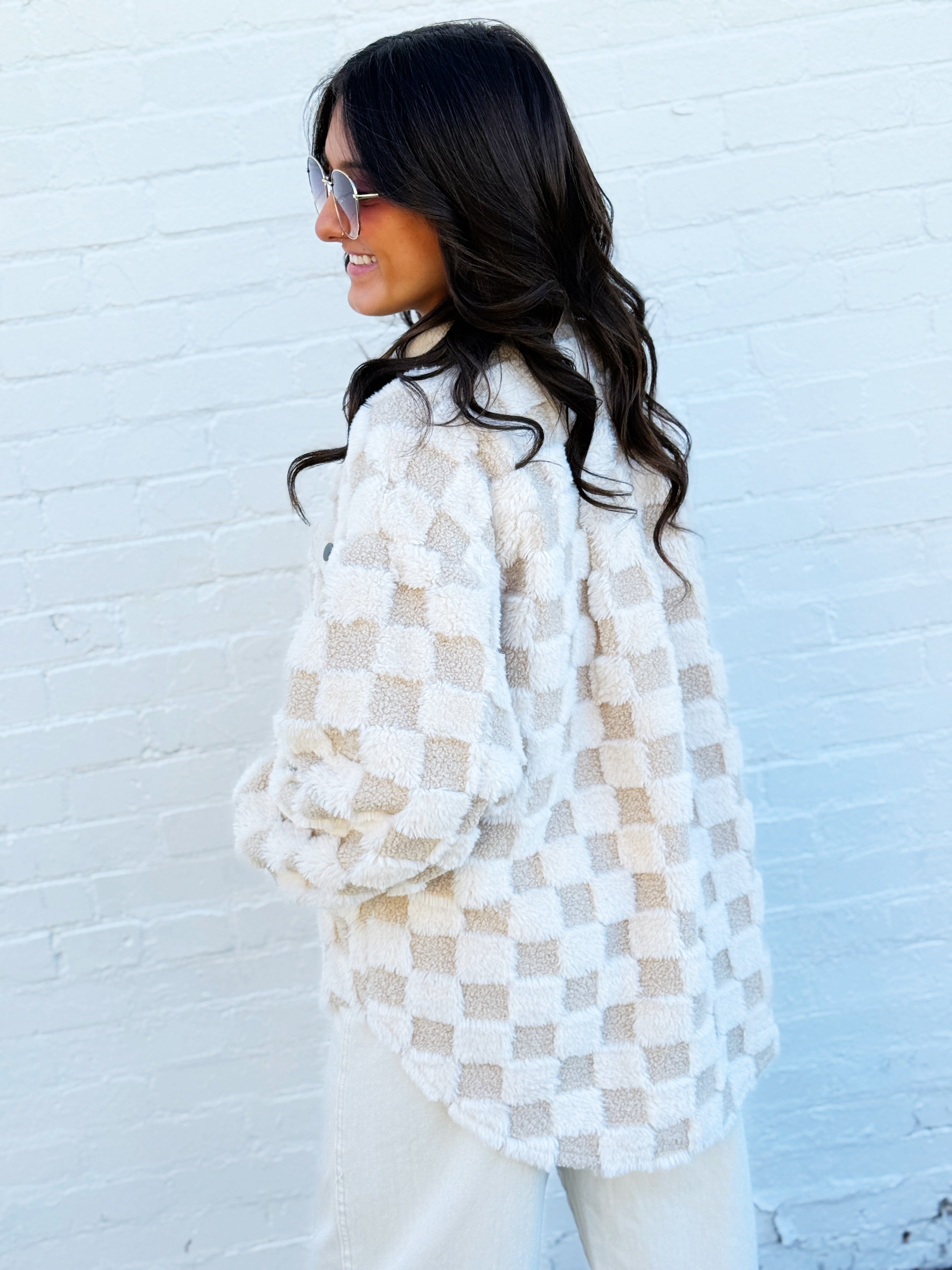 JOA Outerwear - Jackets & Coats Checkered Shearling Shacket In Cream