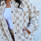 JOA Outerwear - Jackets & Coats Checkered Shearling Shacket In Cream