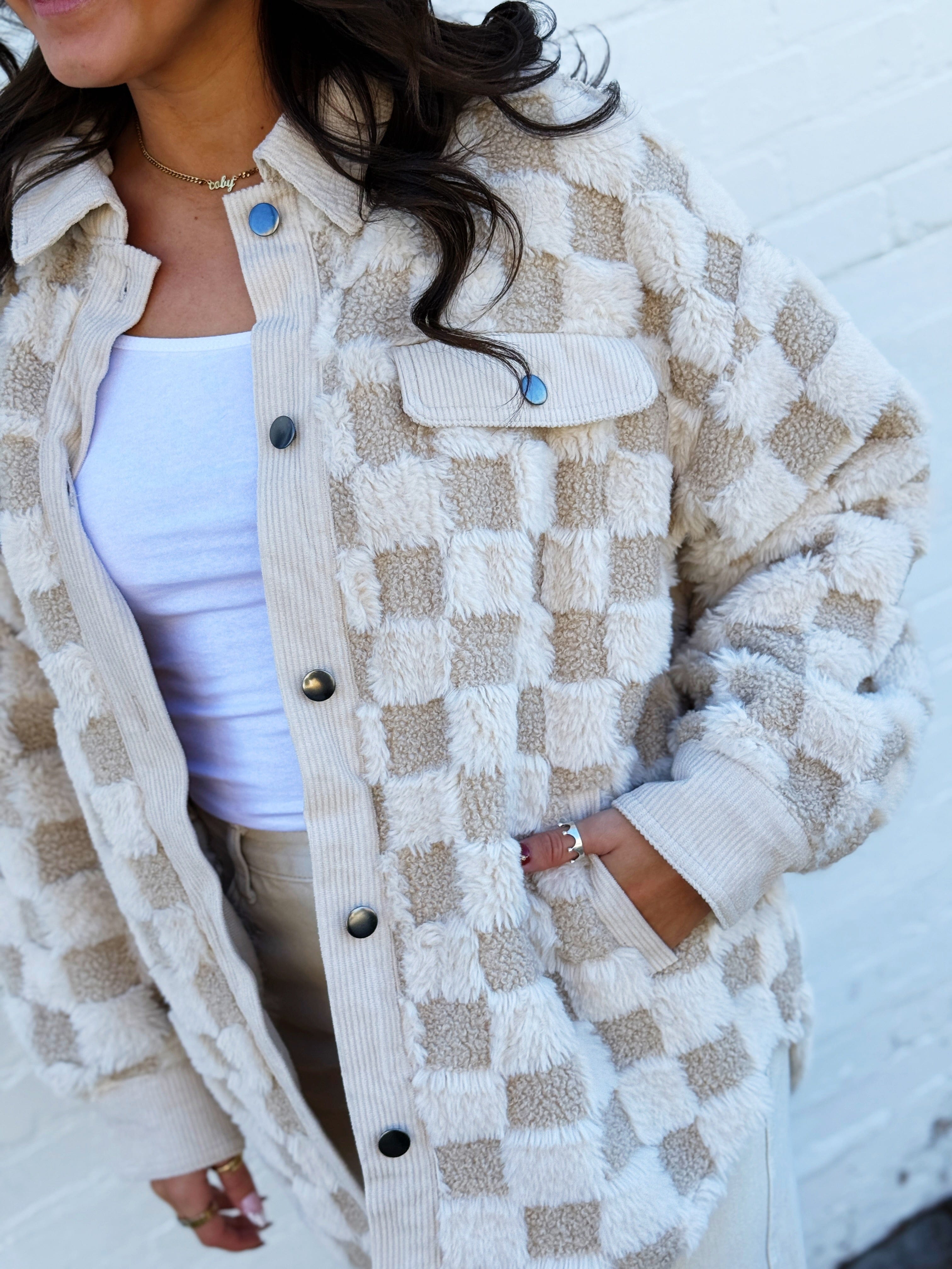 JOA Outerwear - Jackets & Coats Checkered Shearling Shacket In Cream