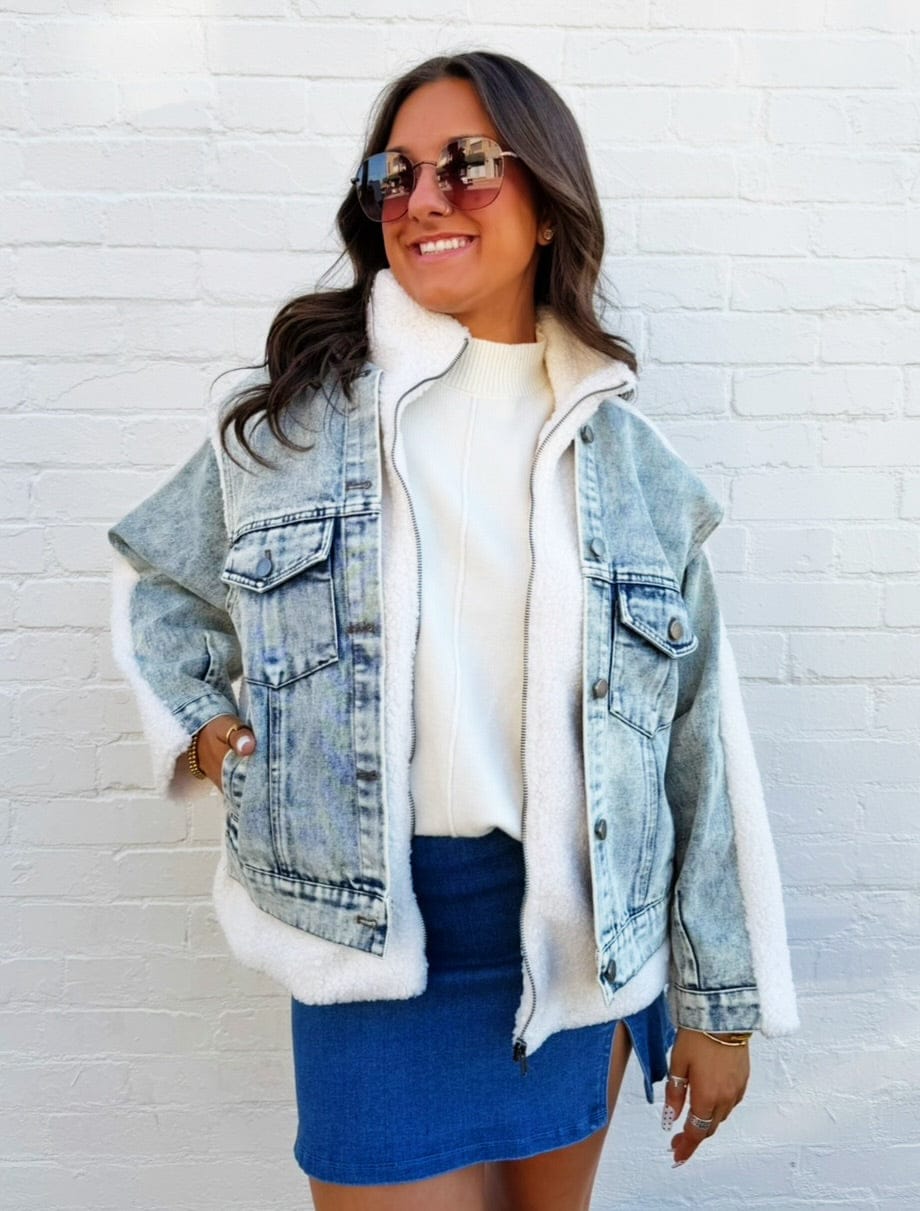 JOA Outerwear - Jackets & Coats Denim Sherpa Mixed Media Zip-Up Jacket