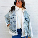 JOA Outerwear - Jackets & Coats Denim Sherpa Mixed Media Zip-Up Jacket