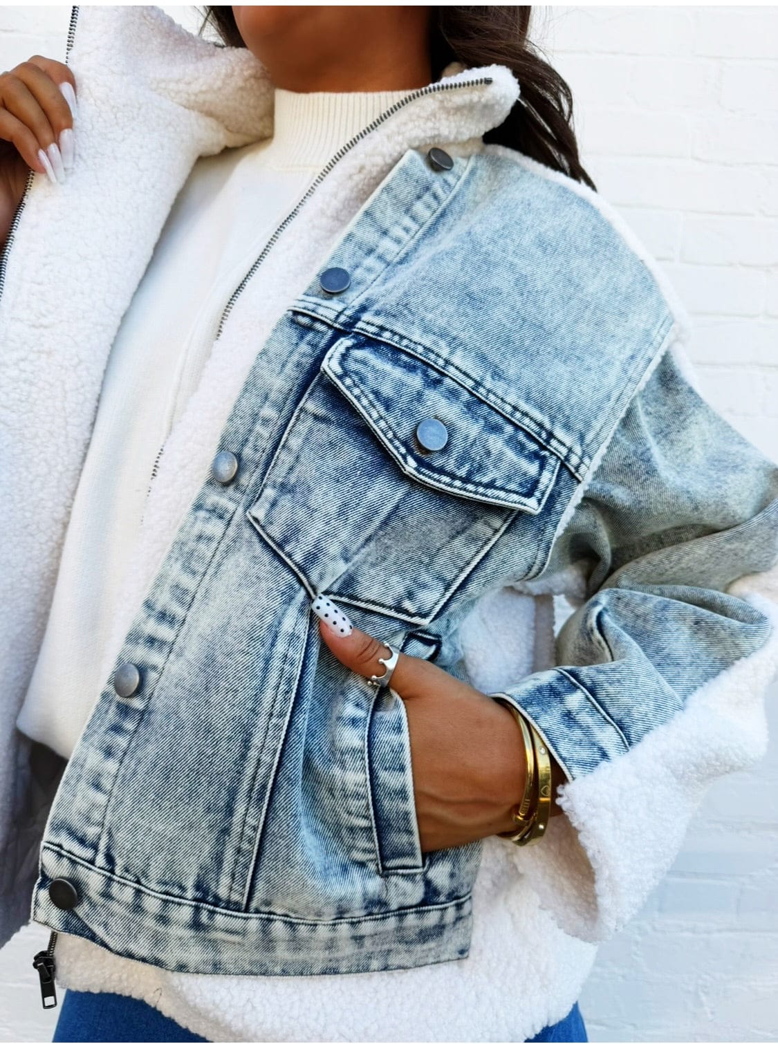 JOA Outerwear - Jackets & Coats Denim Sherpa Mixed Media Zip-Up Jacket