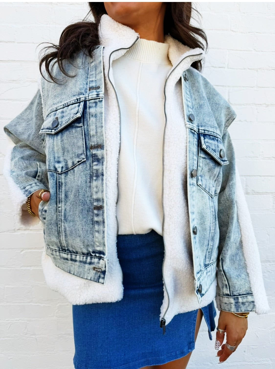 JOA Outerwear - Jackets & Coats Denim Sherpa Mixed Media Zip-Up Jacket