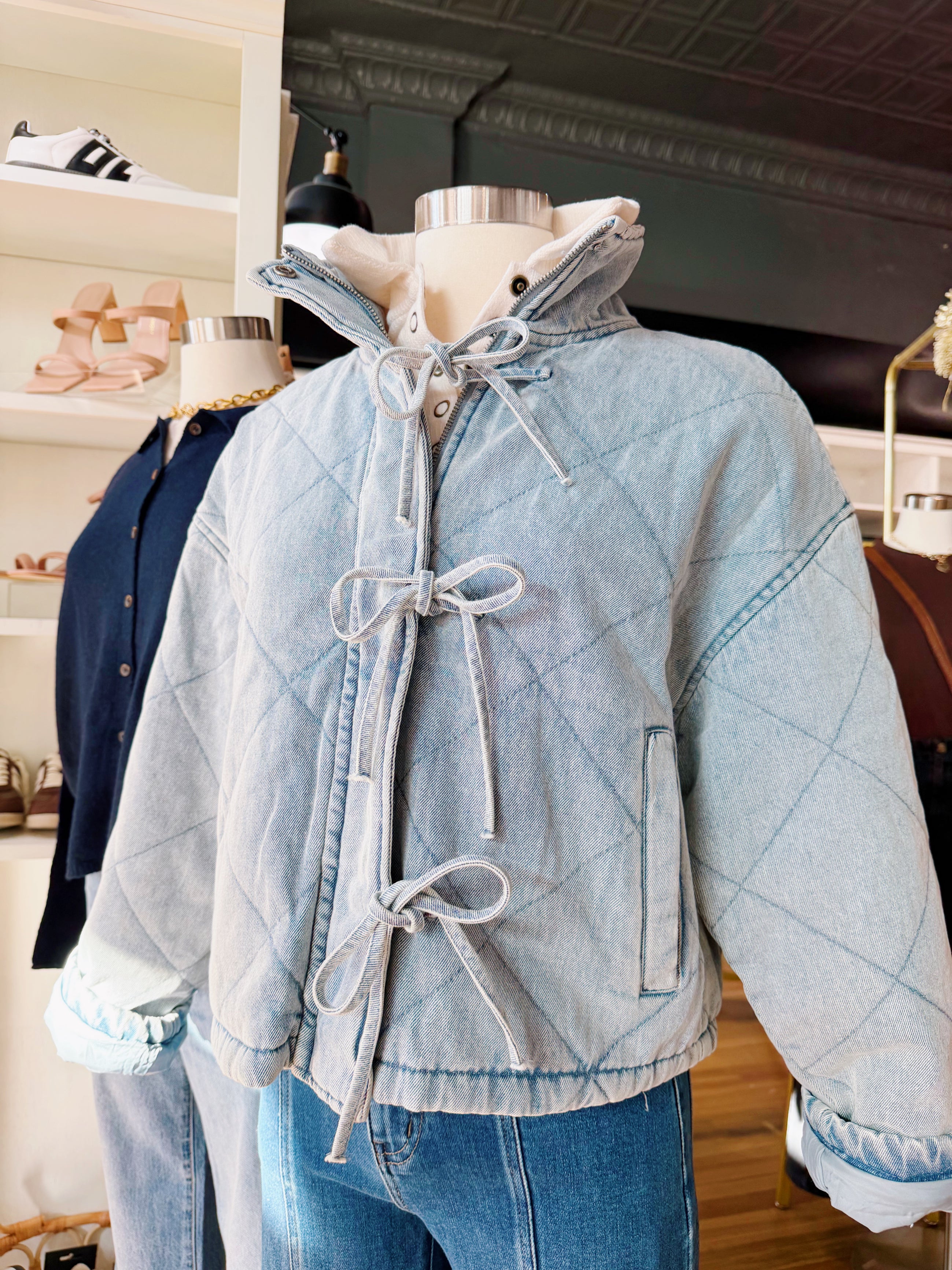 JOA Outerwear - Jackets & Coats Washed Denim Quilted Front Tie Puffer Jacket