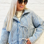 JOA Outerwear - Jackets & Coats Washed Denim Quilted Front Tie Puffer Jacket