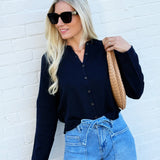 JOA Tops - Sweaters Rolled Hem Button Sweater In Navy