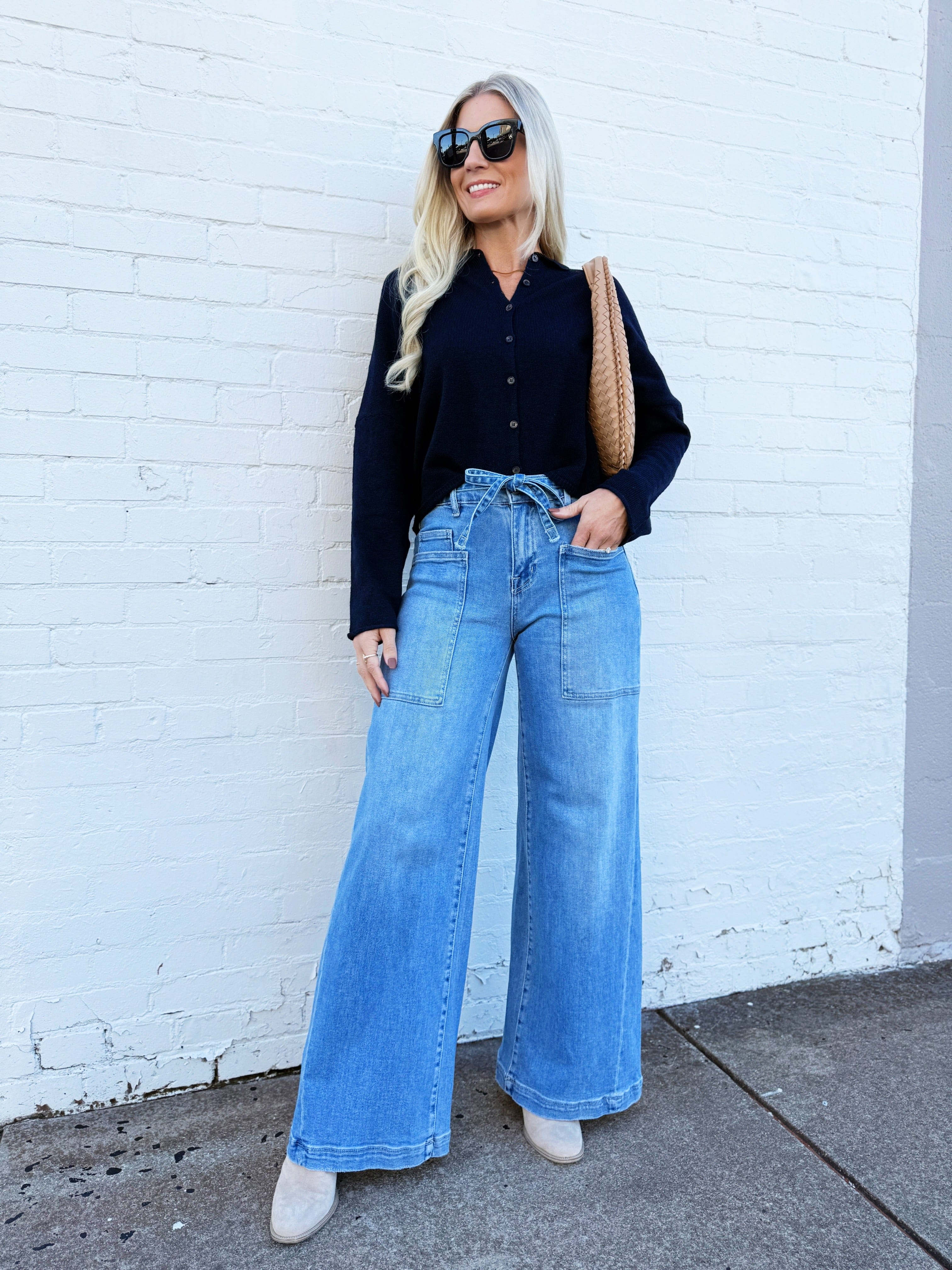 JOA Tops - Sweaters Rolled Hem Button Sweater In Navy