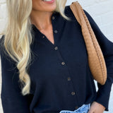 JOA Tops - Sweaters Rolled Hem Button Sweater In Navy