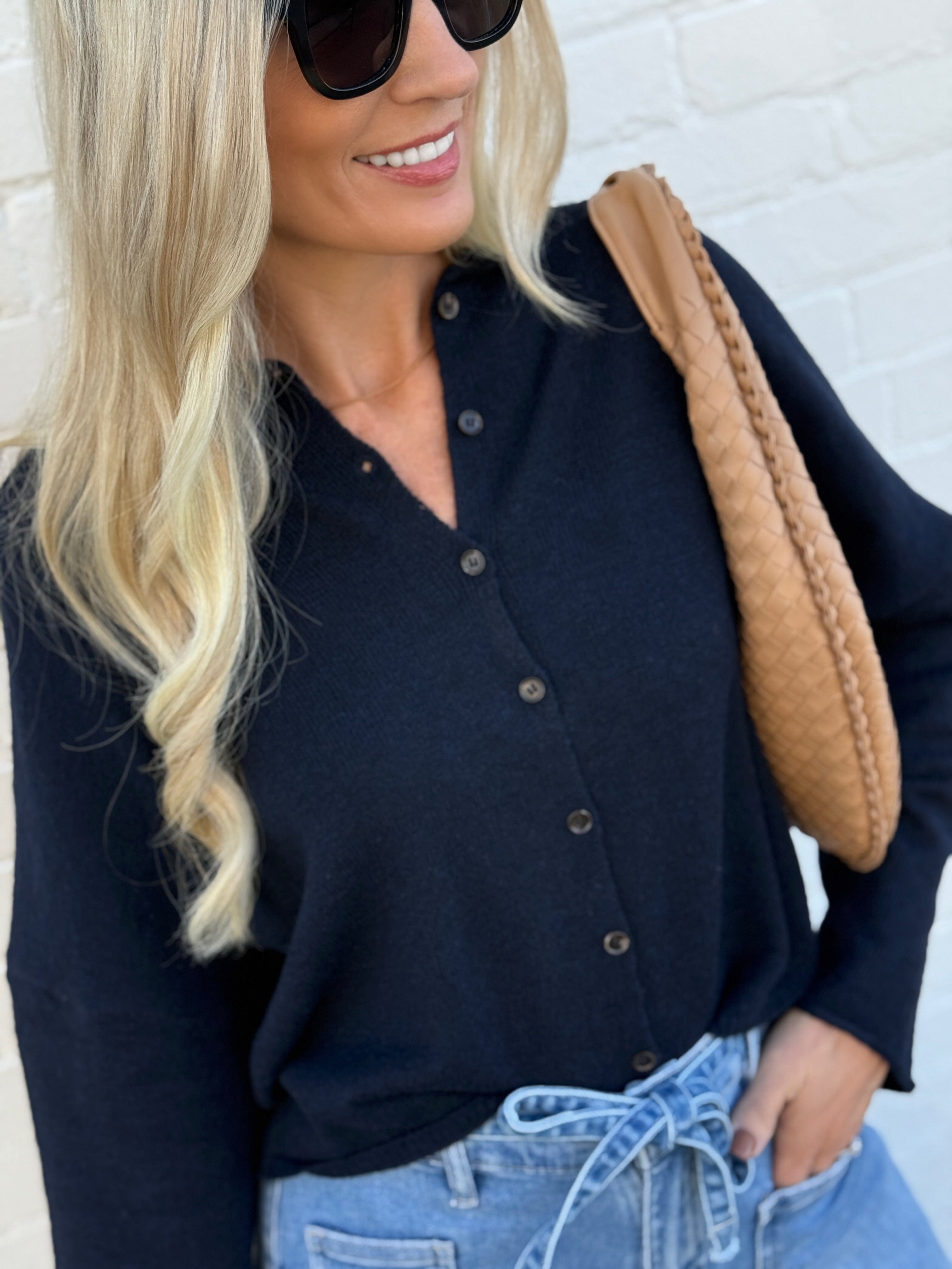 JOA Tops - Sweaters Rolled Hem Button Sweater In Navy