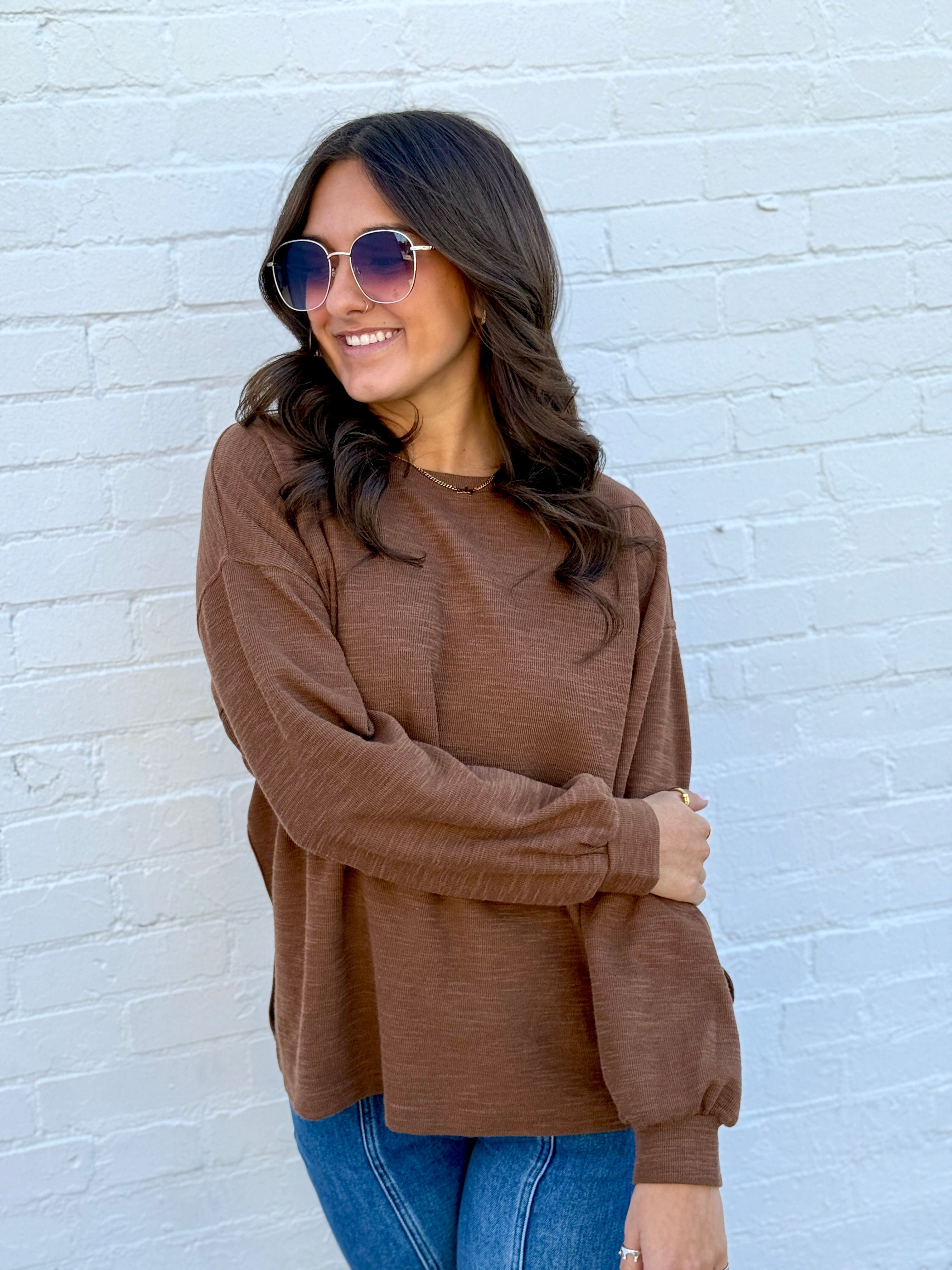 JOA Tops - Sweaters Round Neck Marled Knit Top In Browna