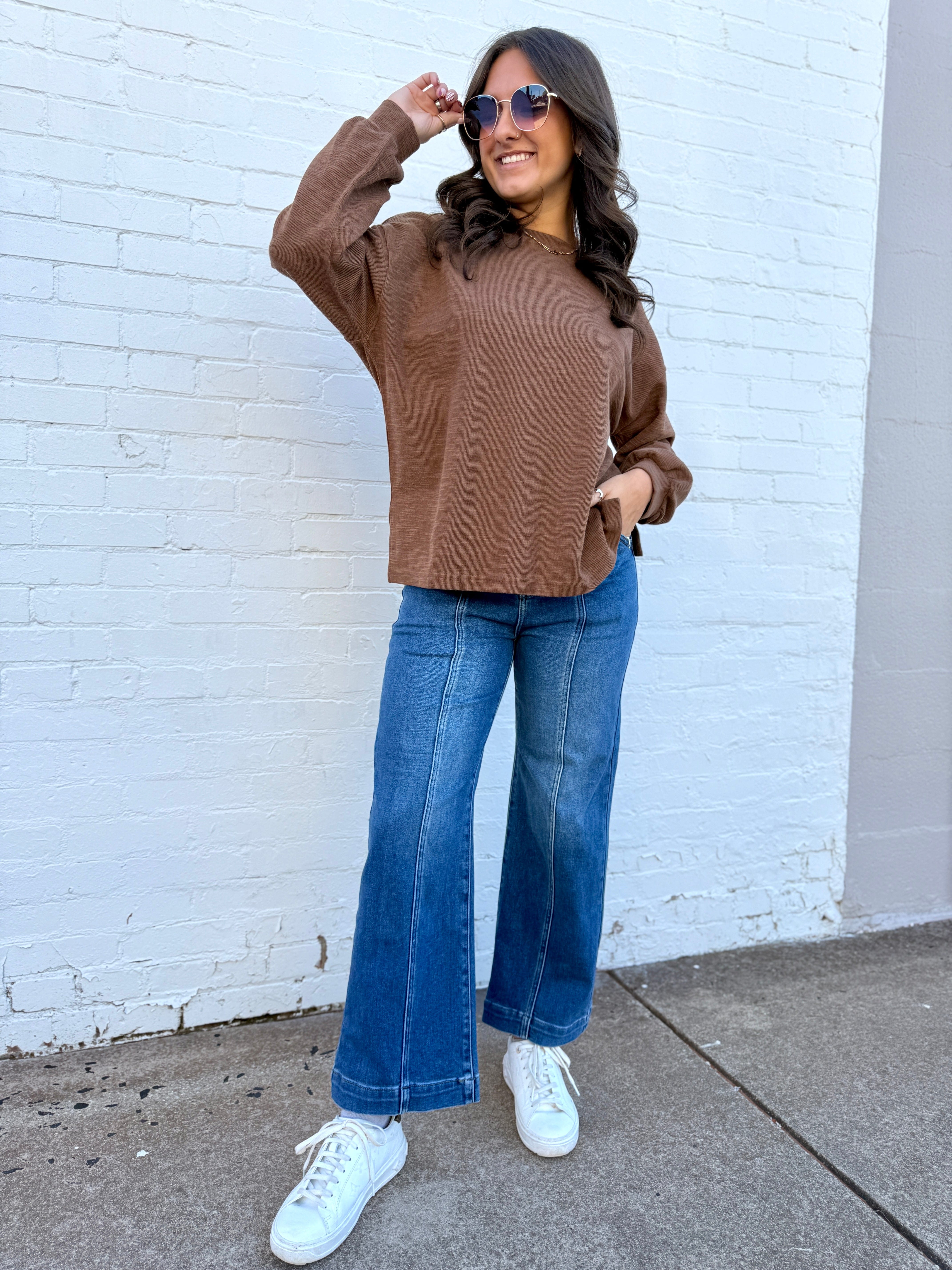JOA Tops - Sweaters Round Neck Marled Knit Top In Browna