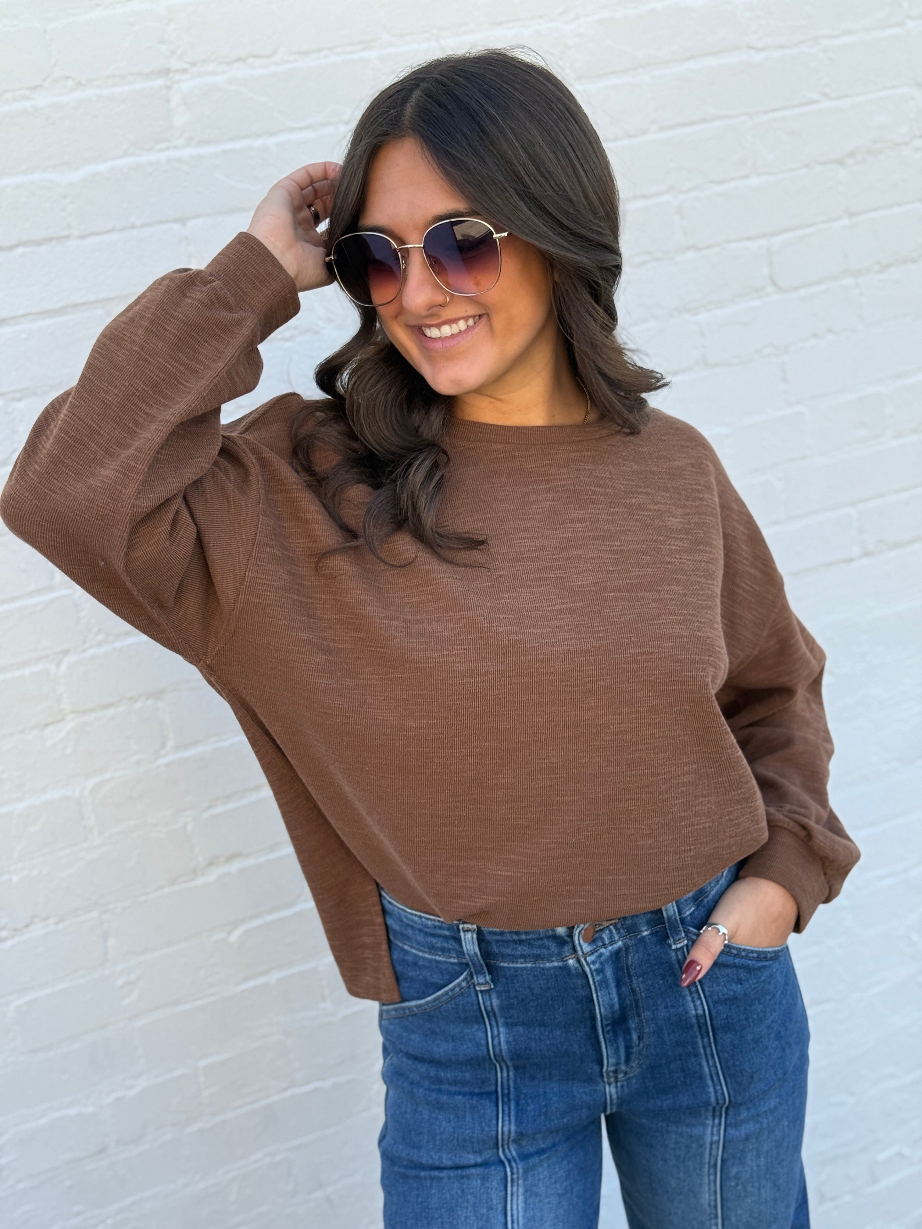 JOA Tops - Sweaters Round Neck Marled Knit Top In Browna