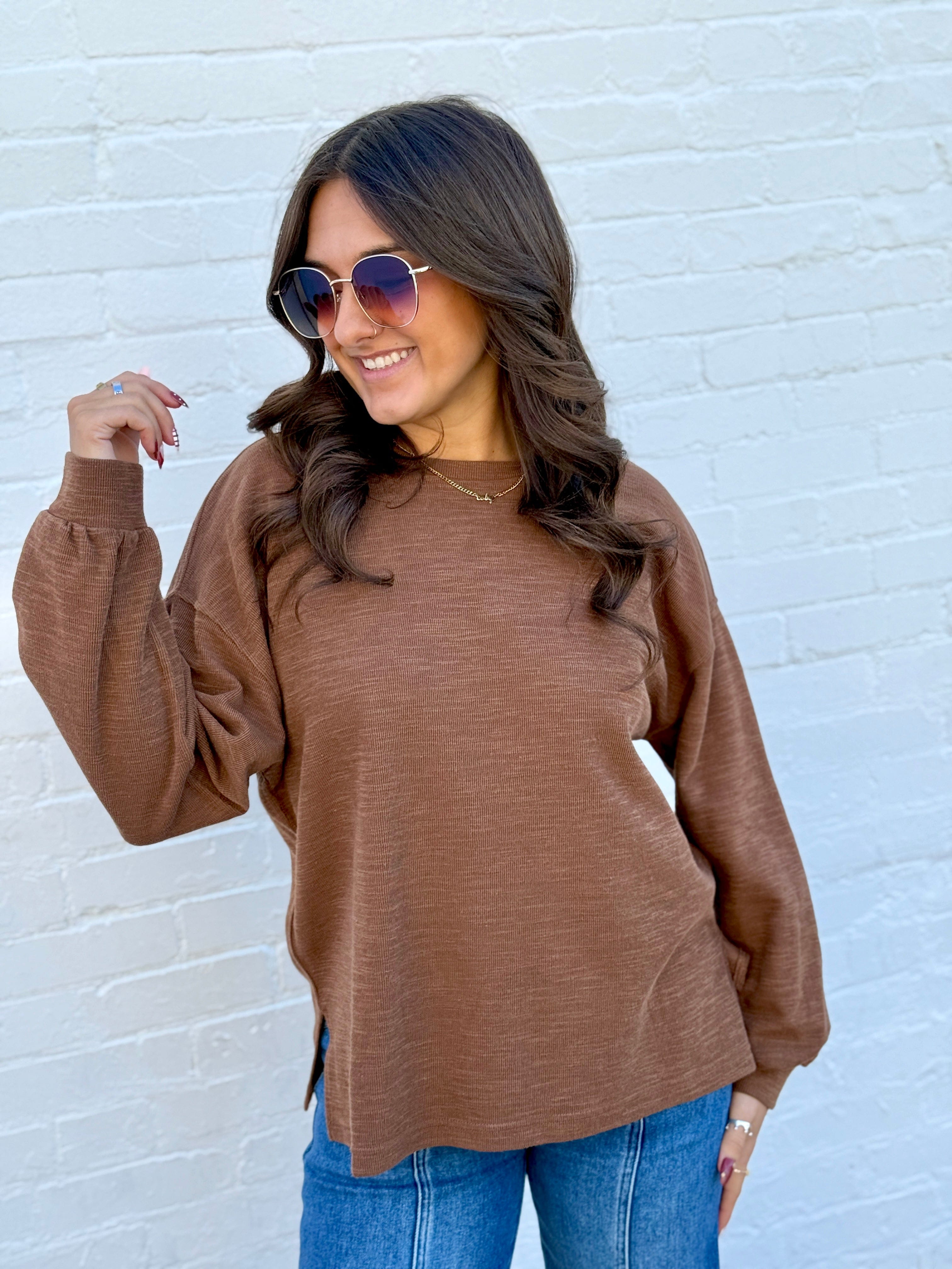 JOA Tops - Sweaters Round Neck Marled Knit Top In Browna