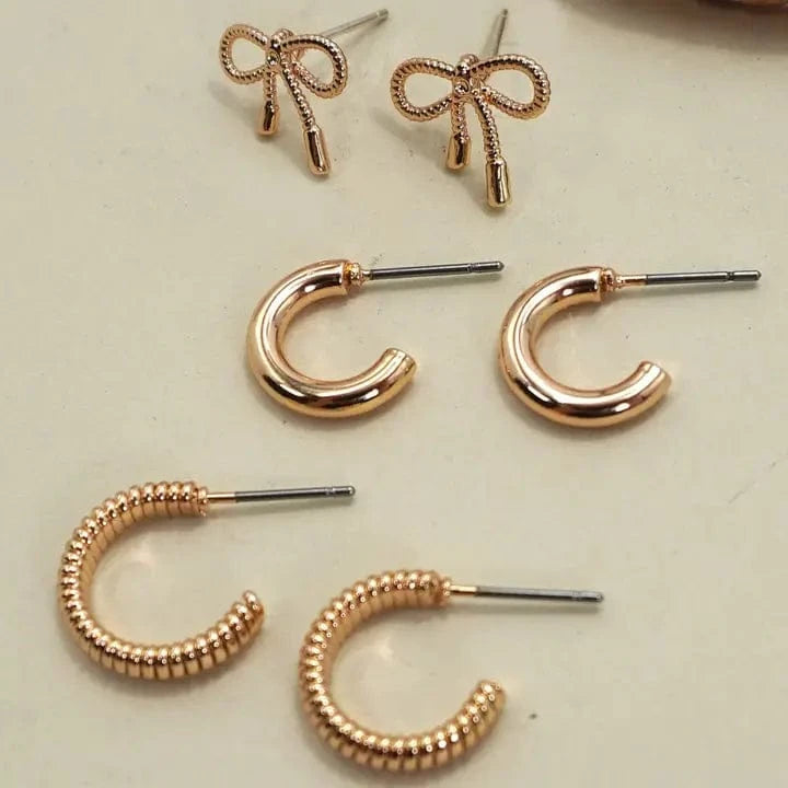 Mini Bow Huggie Hoop Trio Earrings In Gold - Infinity Raine