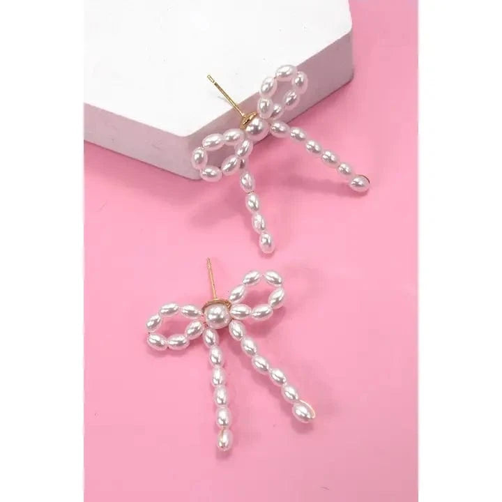 Pearl Beaded Bow Ribbon Earrings - Infinity Raine