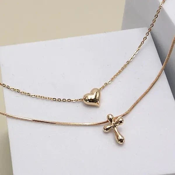 Double Layered Chain Heart Cross Charm Necklace - Infinity Raine