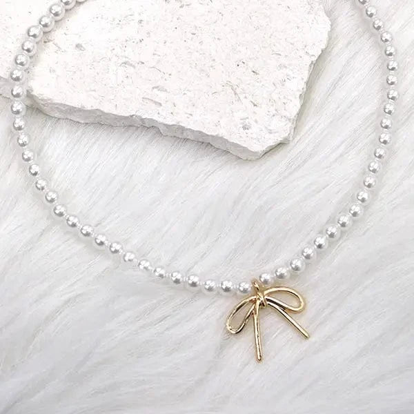 Pearl Chain Bow Charm Necklace In Gold - Infinity Raine
