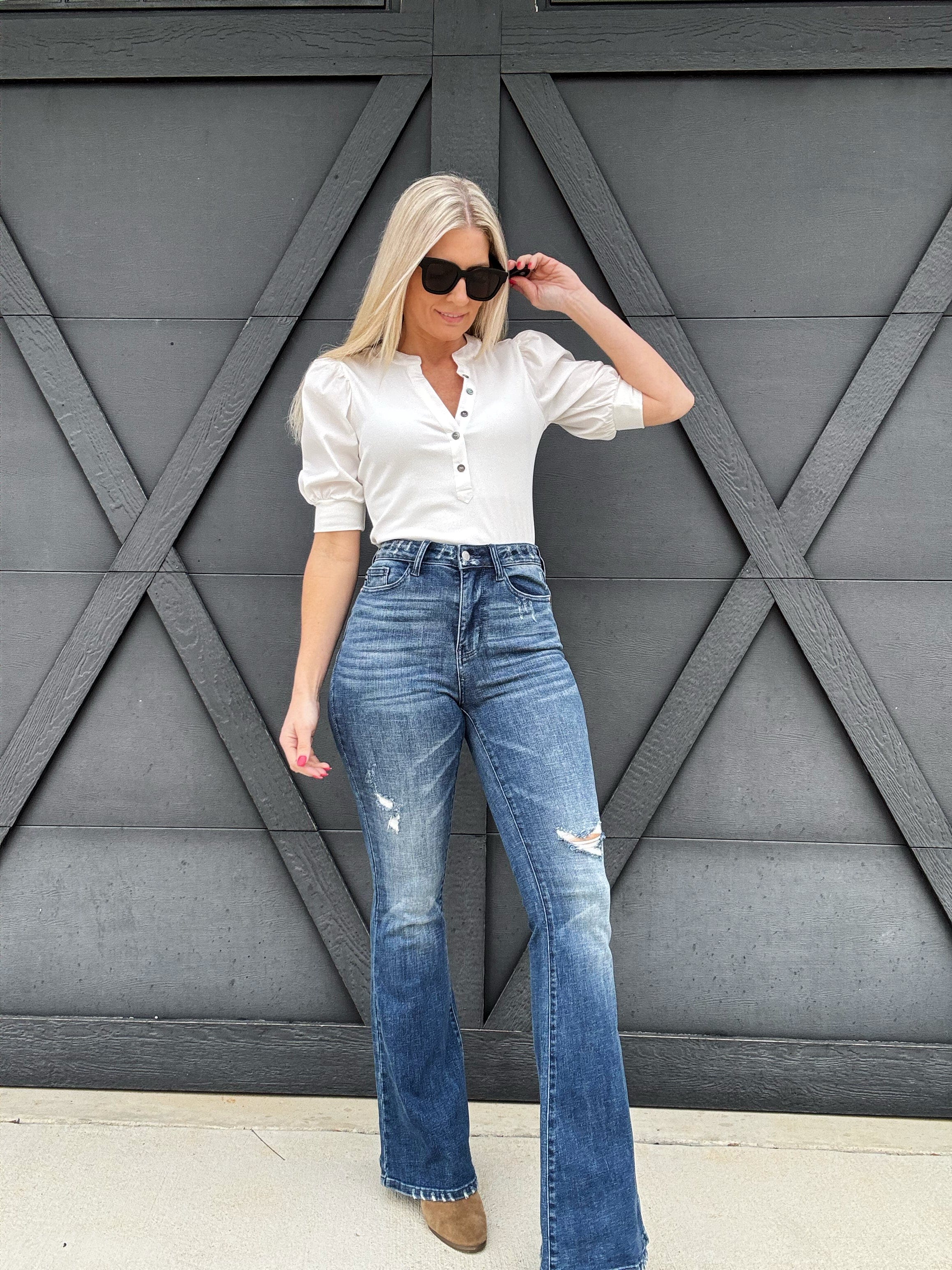 Judy Blue Contrast Destroy Flare Jeans - Infinity Raine