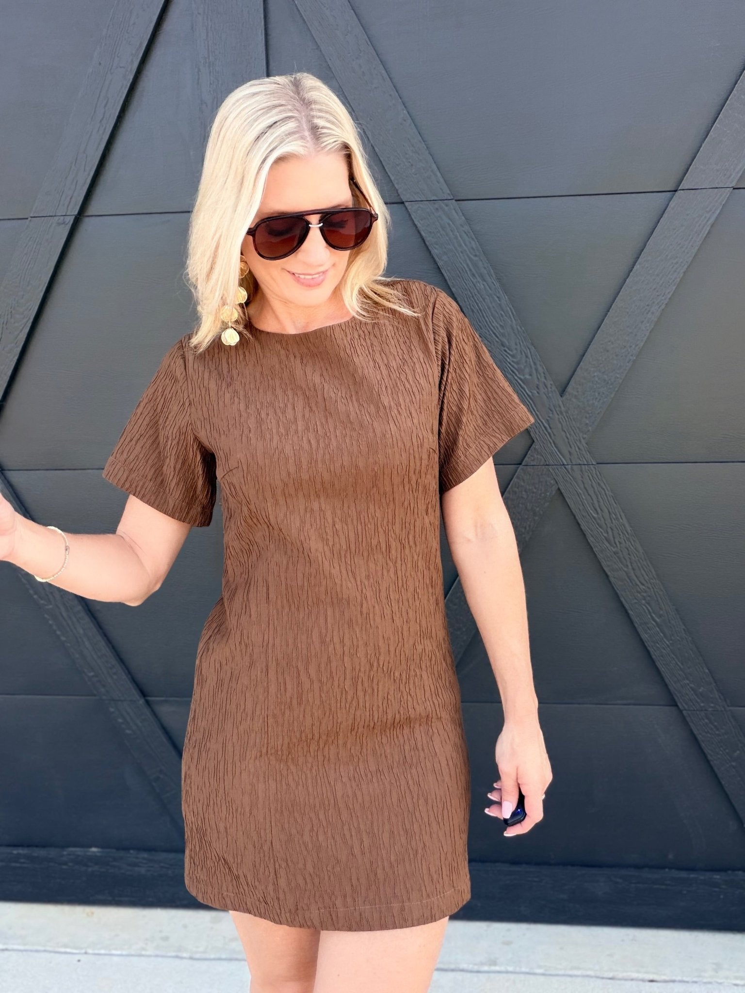Katia Textured Shift Mini Dress In Espresso - Infinity Raine