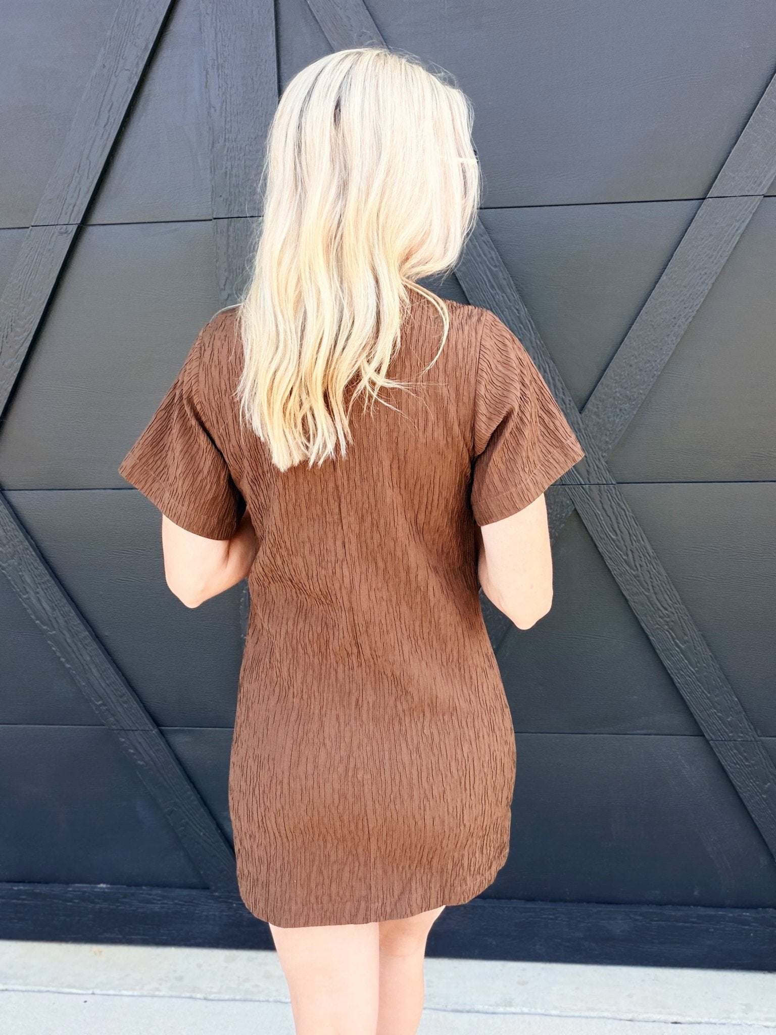 Katia Textured Shift Mini Dress In Espresso - Infinity Raine