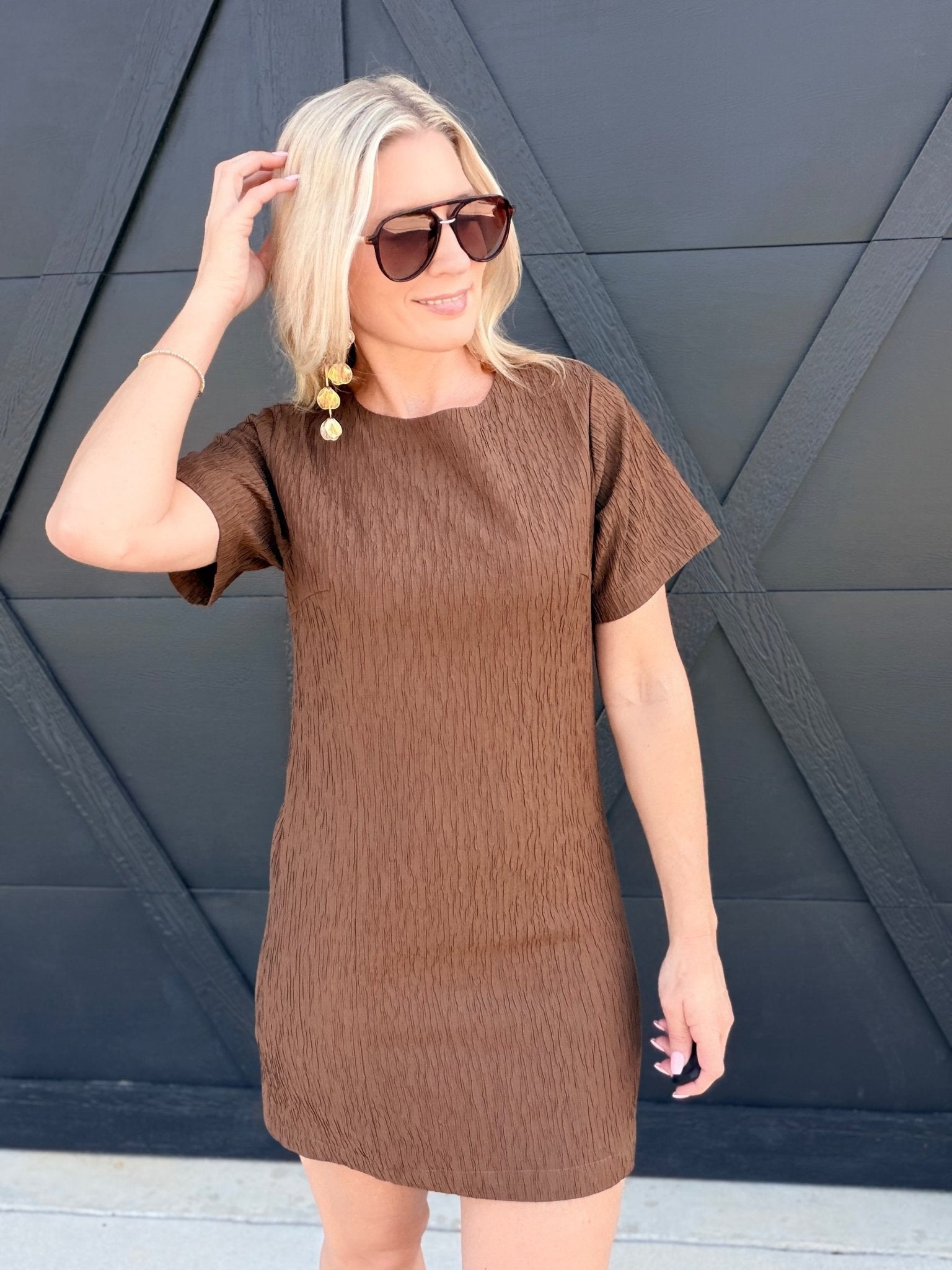 Katia Textured Shift Mini Dress In Espresso - Infinity Raine