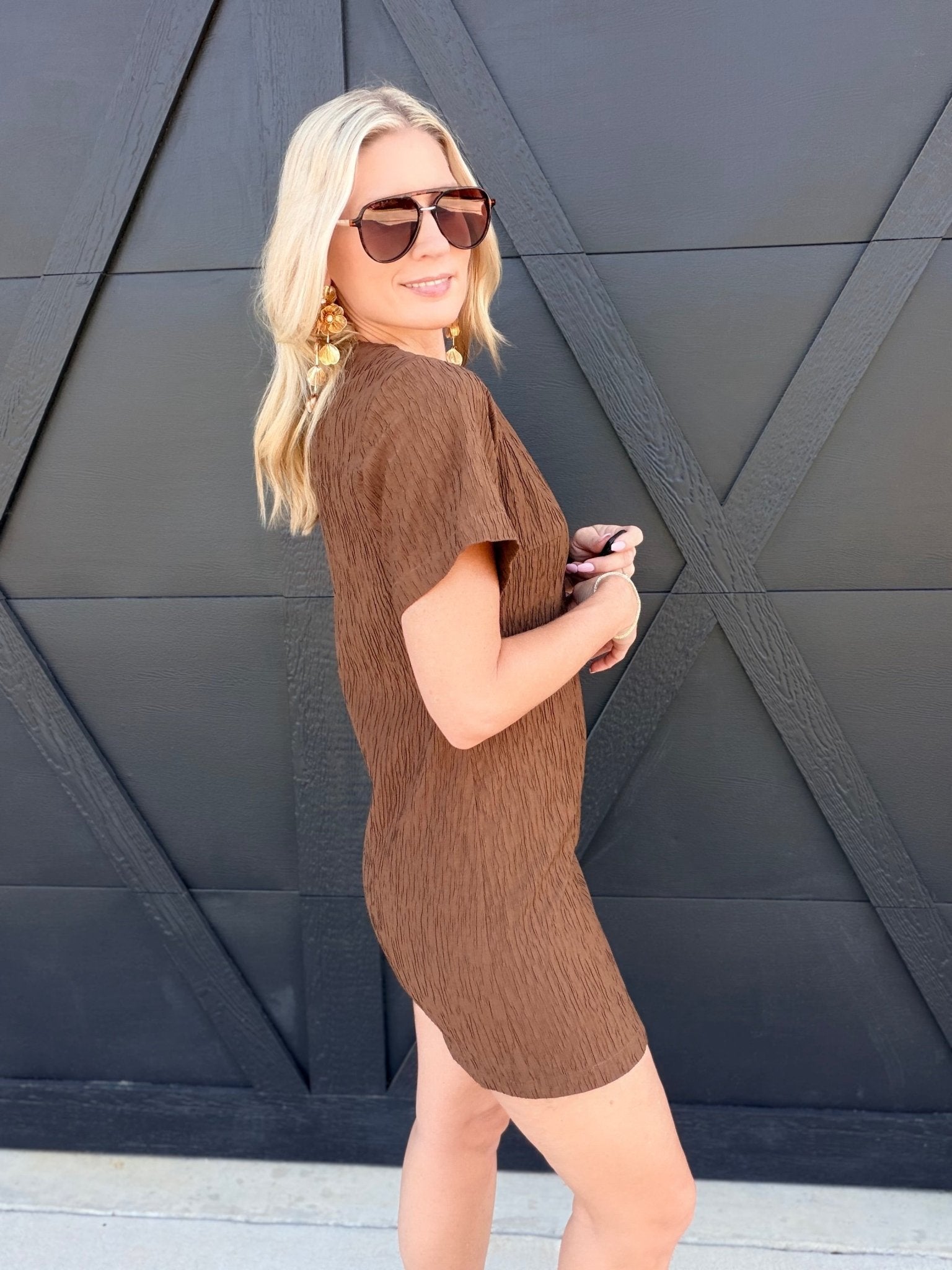 Katia Textured Shift Mini Dress In Espresso - Infinity Raine