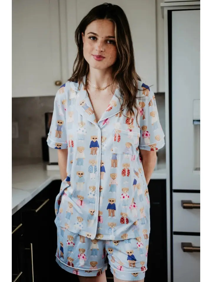 Teddy Bear Loungewear Short Set In Blue - Infinity Raine