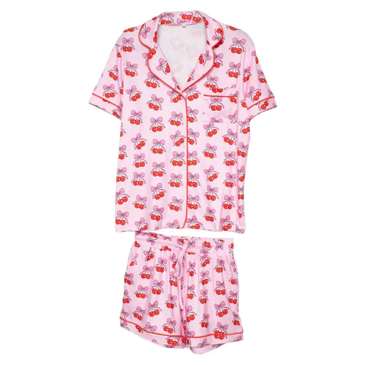 Cherry Bow Loungewear Short Set In Pink - Infinity Raine