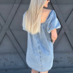 Bubble Sleeve Square Neck Dress In Denim - Infinity Raine