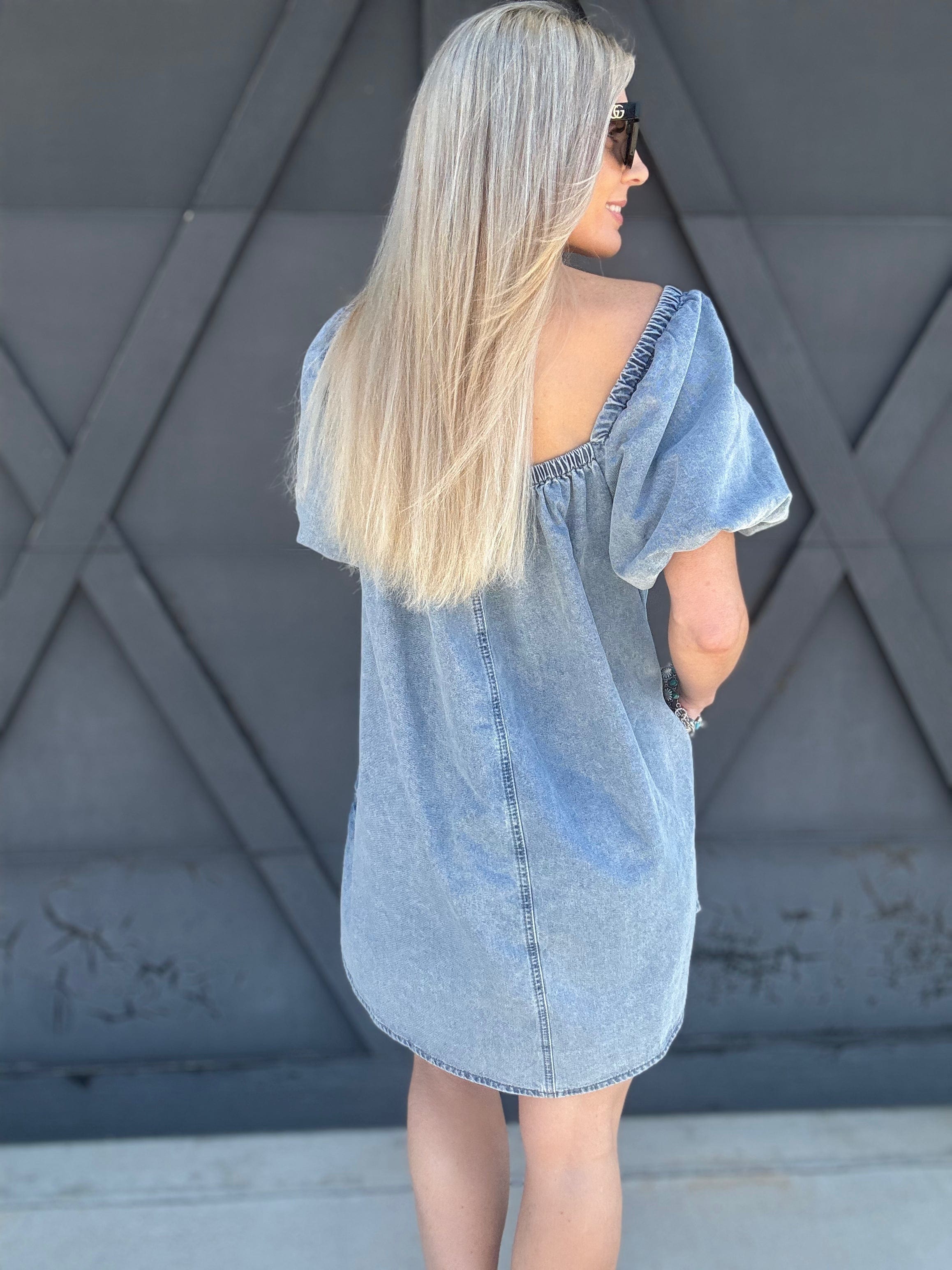 Bubble Sleeve Square Neck Dress In Denim - Infinity Raine