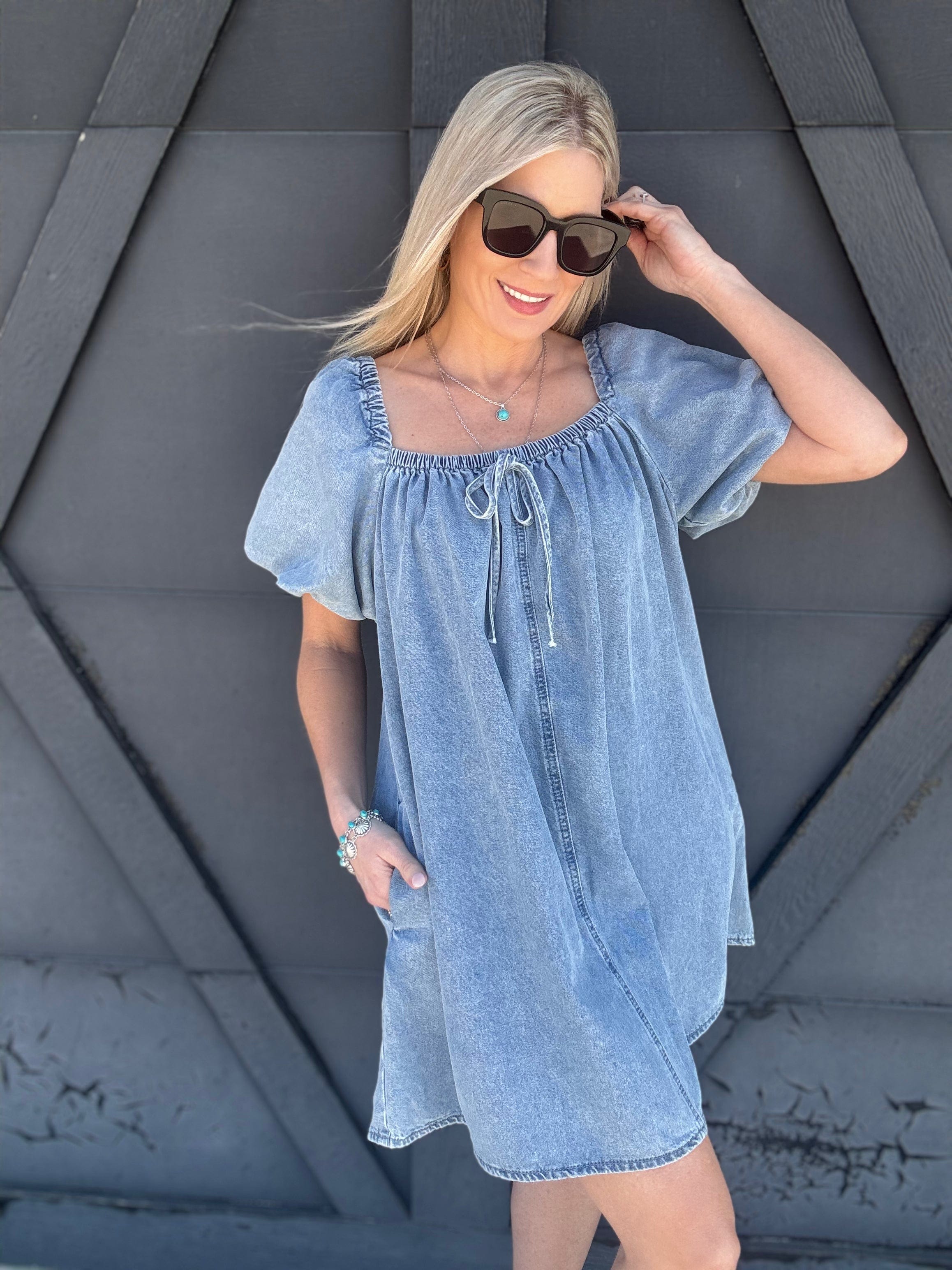 Bubble Sleeve Square Neck Dress In Denim - Infinity Raine