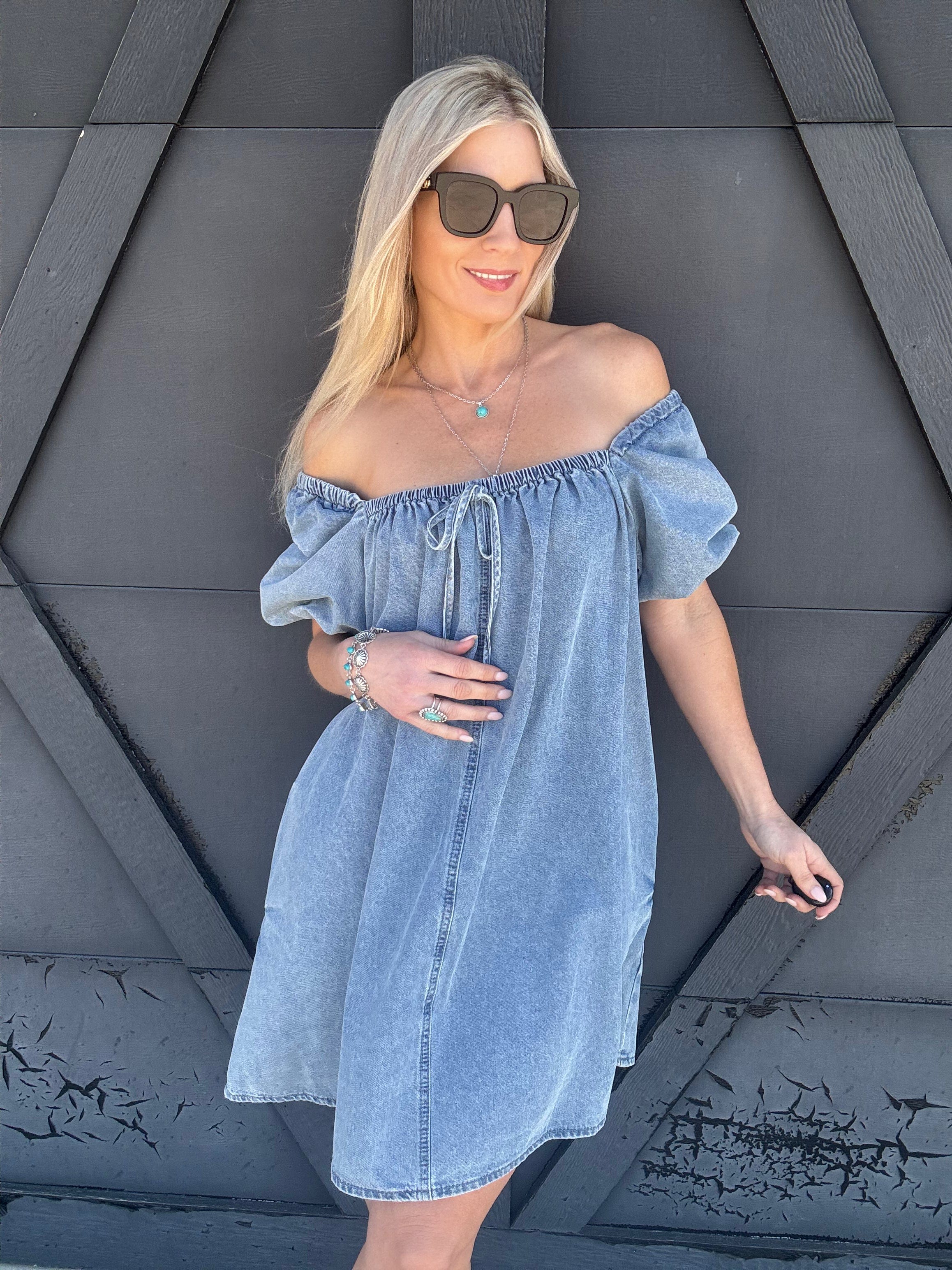 Bubble Sleeve Square Neck Dress In Denim - Infinity Raine