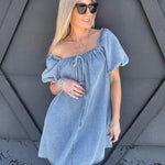 Bubble Sleeve Square Neck Dress In Denim - Infinity Raine