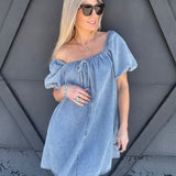 Bubble Sleeve Square Neck Dress In Denim - Infinity Raine