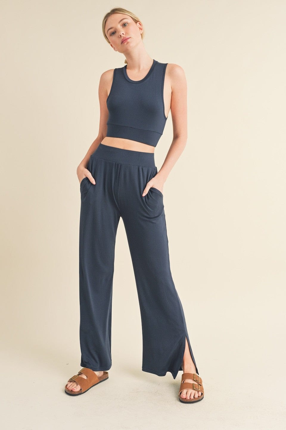Lounge Tank and Wide Leg Pants Set In Navy - Infinity Raine