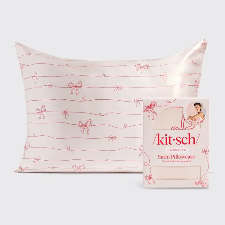 KITSCH beauty KITSCH Holiday Satin Pillowcase In Striped Bows