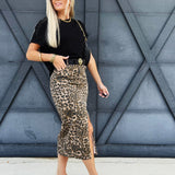 Denim Midi Skirt In Leopard - Infinity Raine