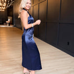 Knot Halter Neck Satin Midi Dress In Navy - Infinity Raine