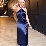 Knot Halter Neck Satin Midi Dress In Navy - Infinity Raine
