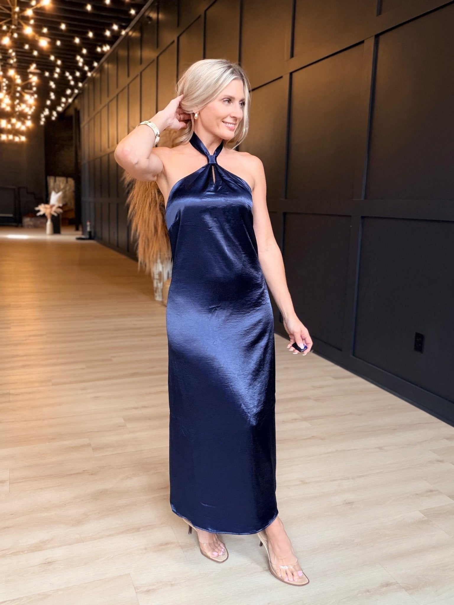 Knot Halter Neck Satin Midi Dress In Navy - Infinity Raine